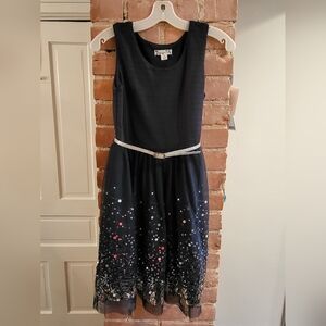 Knitworks girls sleeveless size 16 navy dress with silver sequins & silver belt